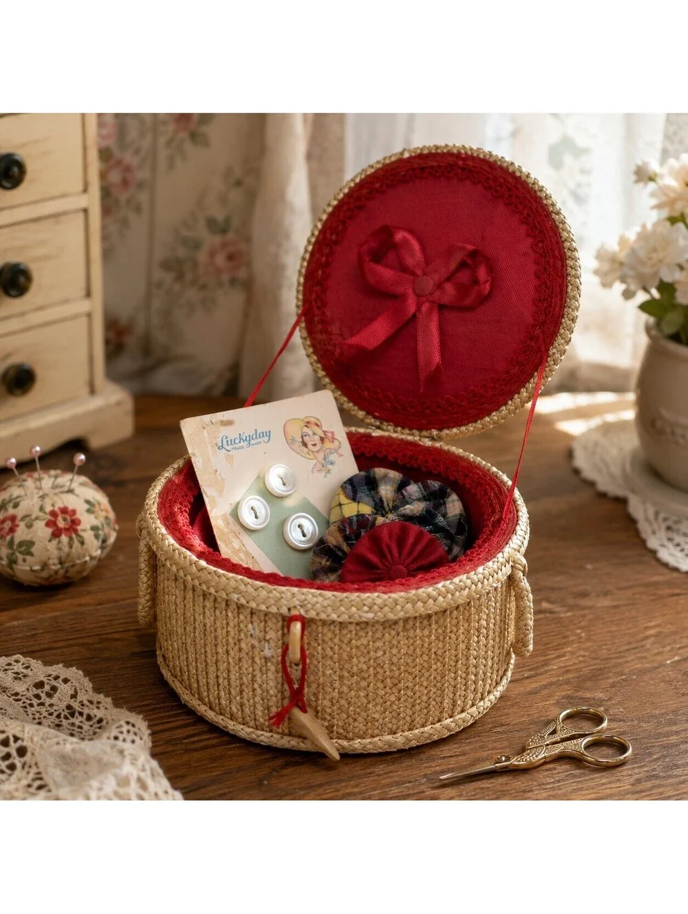 Vintage Chinese Raffia Sewing Basket Floral Lid Red Lined With Buttons